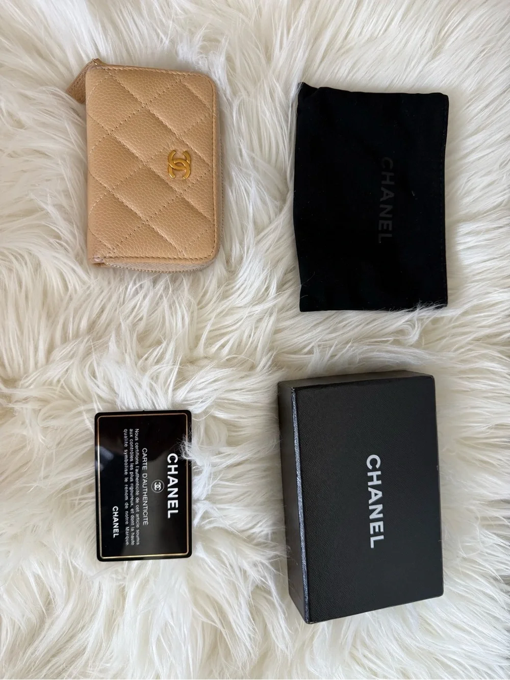 CHANEL Quilted Card Zip Wallet — Beige with Gold CC